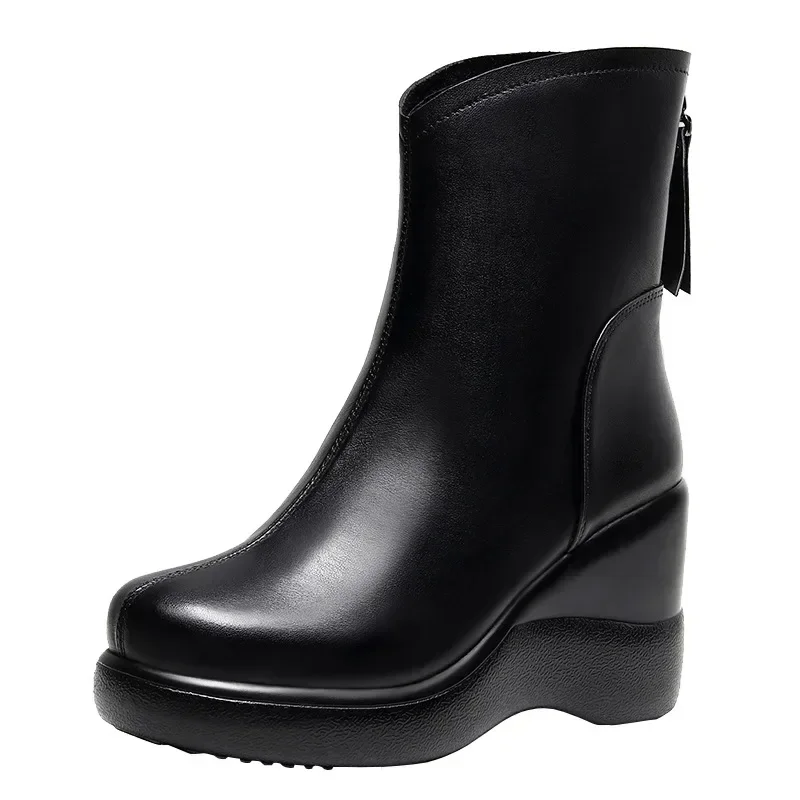 8 cm Kleine Größe 32-43 Vintage Echtes Leder Schuhe Damen Stiefeletten Winter 2025 High Heels Keile Schuhe Pelz Motorrad Stiefel