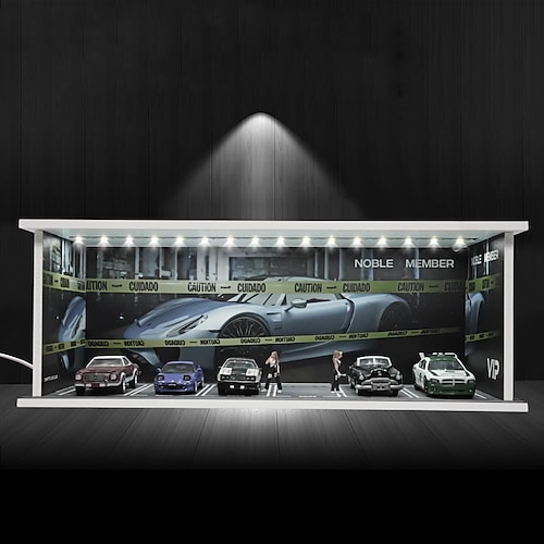 Vetrina espositiva per modellini di auto in metallo pressofuso, diorama, garage, modello di parcheggio simulato, scena in miniatura, parcheggio, montaggio in PVC con cornice per esposizione di modelli di parcheggio luminosi, scatola espositiva per...