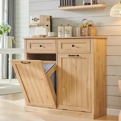 Double Tilt Out Trash Cabinet, 20 Gallon Farmhouse Laundry Hamper Cabinet with 2 Drawers, Hidden