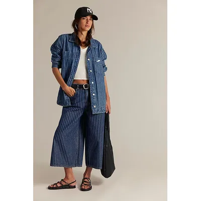 We The Free Madison City Pinstripe Denim Jacket at Free People in Airstrip, Size: XL