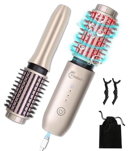 Cordless Hair Curling Iron Brush, 1.5" Mini Cordless Hair Curler, 3-in-1 Travel Curling Brush Hair Straightener Comb Rechargeable, 7000mAh Portable Ionic Heated Curling, Gold