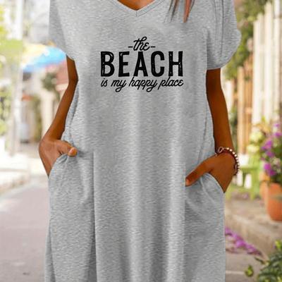 "TEMU Women's Casual V-neck Tee Dress With "the Beach Is " Print - Lightweight Breathable Short Sleeve, Relaxed Fit, Machine Washable, For Spring Summer & Wear, Beach Dress, Medium Elasticity" Image