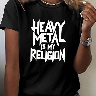 TEMU Women's Heavy Metal Graphic T-shirt - White Print Short Sleeve Crew Neck Top, Casual Regular Fit Tee With Medium Stretch, Machine Washable Rock Apparel, Shirt Image