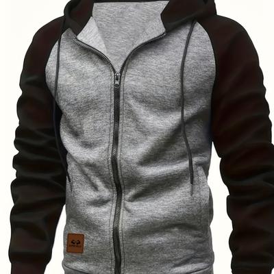 TEMU Men's Plus Size Color Block Zip-up Hoodie - Warm Fleece-lined Sweatshirt With Black & , Lightweight & Portable For Fall/winter Outdoor Activities, Casual Wear, And Gifting, Winter Hoodie Image
