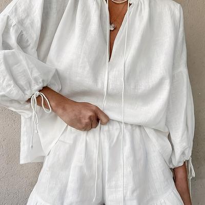 TEMU Women' Color Loose Casual Drawstring V-neck Top + Shorts Set Image