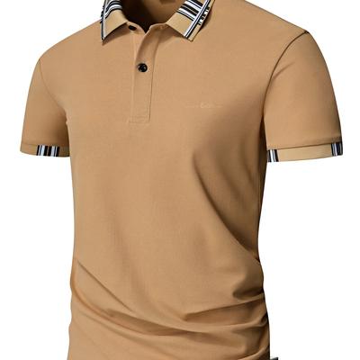 TEMU Men's Summer Business Casual Shirt - Black With & Cuff Stripes, Short Sleeve, Button-up Front, Machine Washable, Lightweight Fabric For Golf & Tennis Image