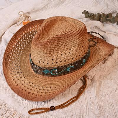 TEMU Men's And Women's New Floral Embroidery Tie-dye Hollow Out Cowboy Hat Spring Summer Beach Country Shade Straw Hat Image