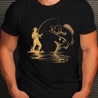 TEMU Casual Wear | Plus Size Men's T-shirt With And Fish Silhouette Graphic - Casual Black Polyester Tee, Short Sleeves, Round Neck, Machine Washable, Fishing Shirt, Plus Size Image