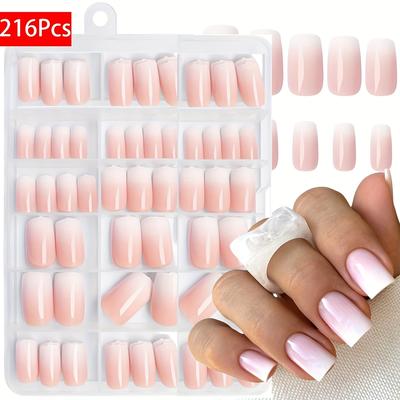 TEMU 216pcs Of Press-on Medium-sized Apricot Nails, Square Fake Nails With A Glossy Finish, Featuring A Simple Natural Pink To White Gradient In Acrylic, Suitable For Women And Girls. Image