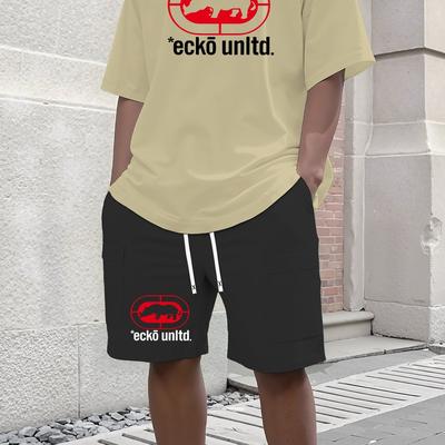 TEMU Stylish Loose Round Neck T-shirt And Casual Comfortable Shorts Set With Print Pattern, Suitable For Men And Women As A Surprise Gift Image