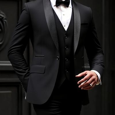 TEMU Men's Slim Fit Three-piece Suit Set - Black Tuxedo With Bow Tie, Business, Weddings, And Parties, Wear, Formal Attire | Stylish Lapel Collar | Non-stretch Fabric Image