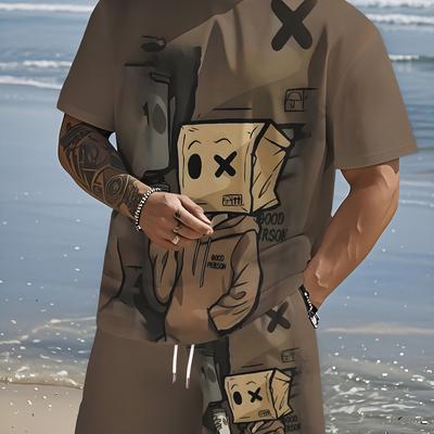 TEMU Men's Summer Cartoon Cardboard Doll Pattern 3d Printed Casual Clothes - Breathable Polyester Short Sleeve T-shirt With Shorts, Machine Washable, Streetwear For Summer Image