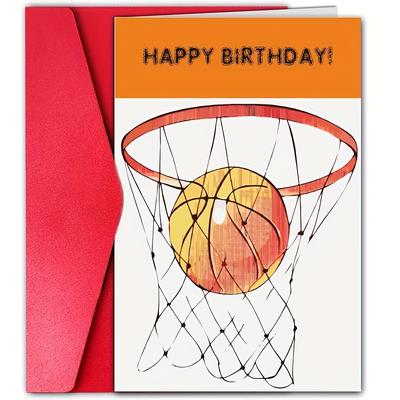 "TEMU 1pc Basketball Hoop Birthday Card, 7.09"x4.72", Fun Cartoon Design With "!" Greeting - Creative Paper Card For Sports Fans, Ideal Gift For Family & , Includes" Image