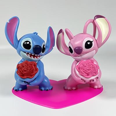 TEMU Stitch & Figure Collectible Statue - Pink & Blue Heart-shaped Base Pvc Figurine, Valentine's Father's Day Birthday Gift, Home Office Party Decor Image