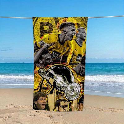 TEMU 1pc Dortmund Champions League Beach Towel - Lightweight Quick-dry Polyester Blend With Vibrant Soccer Player & Trophy Print, Large Rectangular Towel For Pool, Beach, Camping, Yoga, Travel Image