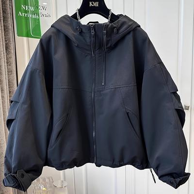 TEMU Women's Windproof Hooded Jacket - Casual Loose Fit With Zipper Pockets, Solid Black, Lightweight For Spring & Fall, Machine Washable, Autumn Outerwear, Utility Style Coat, Durable Outerwear Image