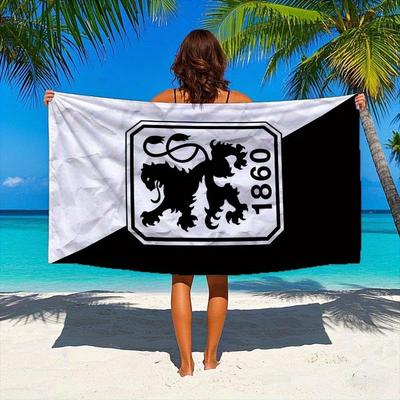 TEMU 1pc München Beach Towel - Lightweight Polyester Blend With Black & White Diagonal , Lion Emblem & 1860 Number, Modern Rectangular Towel For Beach, Pool, Sports Fans Image