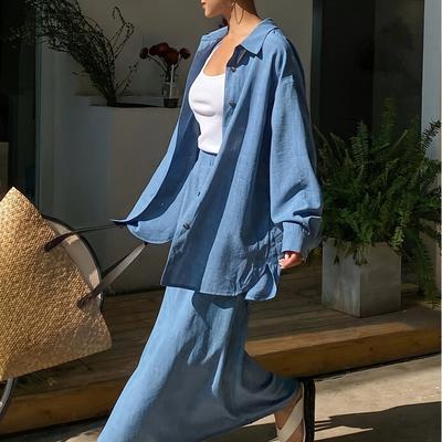 TEMU Women's Relaxed Shirt And Skirt Two-piece Set - Casual Polyester, Lightweight & Breathable For Spring/summer, Casual Attire|relaxed Fit Skirt|polyester Fabric Image