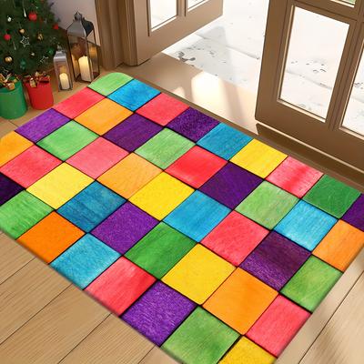 TEMU 1pc Colorful Square Pattern Non-slip Bath Mat, Machine Washable - Ideal For Kitchen, Entryway & Shower Decor - Perfect Housewarming Gift, Bathroom Accessory, Non-slip Bath Mat Image