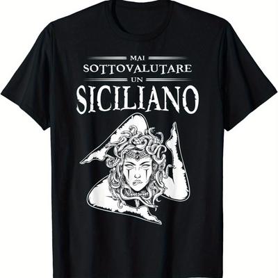 TEMU Never A Trinacria Sicilia Heraldik T-shirt - Black Casual Short Sleeve Round Neck Tee With White Print, Heritage Design, Machine Washable Regular Fit For Men Image