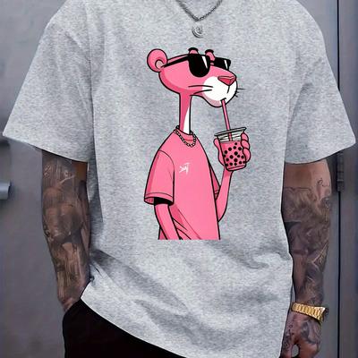 TEMU Men' Pink Leopard Print T-shirt - Casual Crew Neck, Short Sleeve Tee For - Lightweight Polyester Blend, Machine Washable, Outdoor Activities, Casual Summer Wear | Trendy Tshirt | Applique Image
