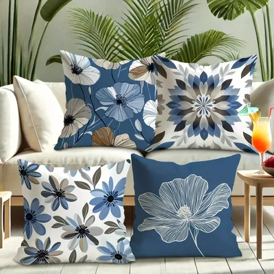 Eleganter blauer Blumen-Kissenbezug, 45 x 45 cm, Polyester-Blütenblattmuster, Couch, Sofa, Image
