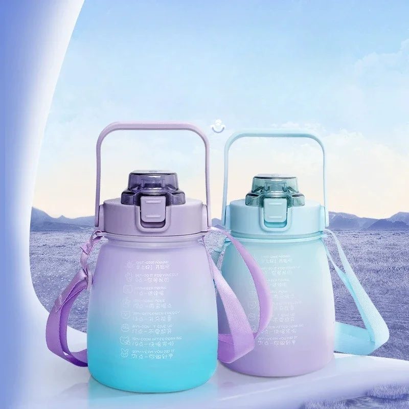 Neue Farbverlauf Big Belly Cup Große Kapazität Kunststoff Wasserflasche mit Strohhalm Verstellbarer Riemen Sport Fitness Flasche 1300 ml Image