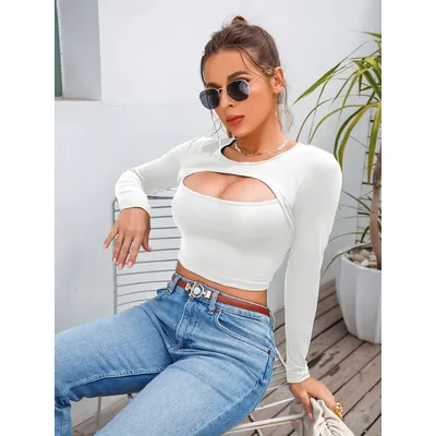 Women's Casual Round Neck Long Sleeve Crop Top Women's Long Sleeve Hollow Fitness Crop Top Yoga Sweatshirt