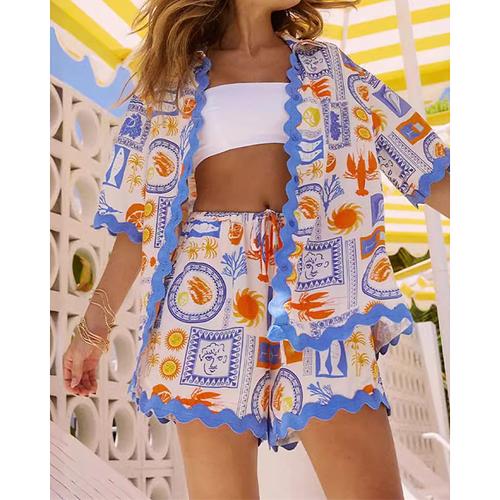 Women's Fashion Streetwear Cotton Linen Shirts Cotton Linen Sets Shorts Sets Short Sleeve Shirt Collar Printing Print Daily Wear Date Blue Summer Regular Fit