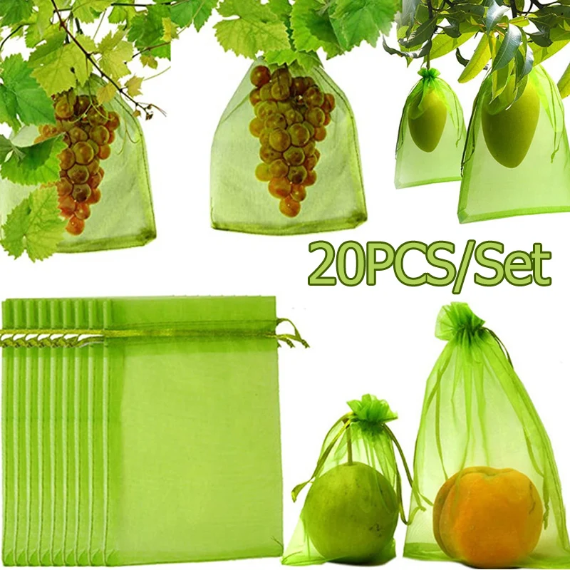 20 Stück wiederverwendbare Obstgarten-Netztasche, verwendet für Pflanzenpflanz-Schutztasche – atmungsaktiver Organza, Netztasche mit Kordelzug, Image