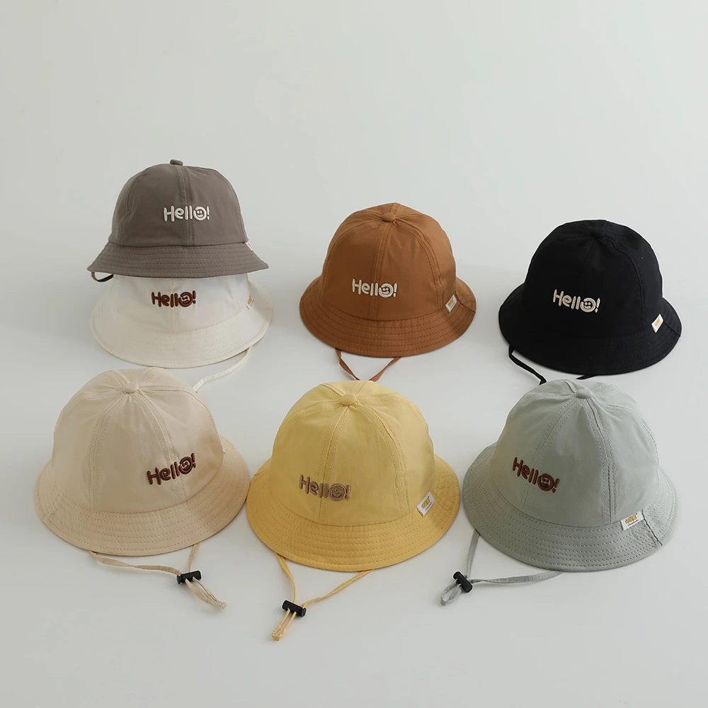 Embroidery Letter Fisherman Cap For Kids Sunscreen Basin Cap Cotton Solid Color Bucket Hat 1-3year Boy Girl Baby Sunshade Visors Image
