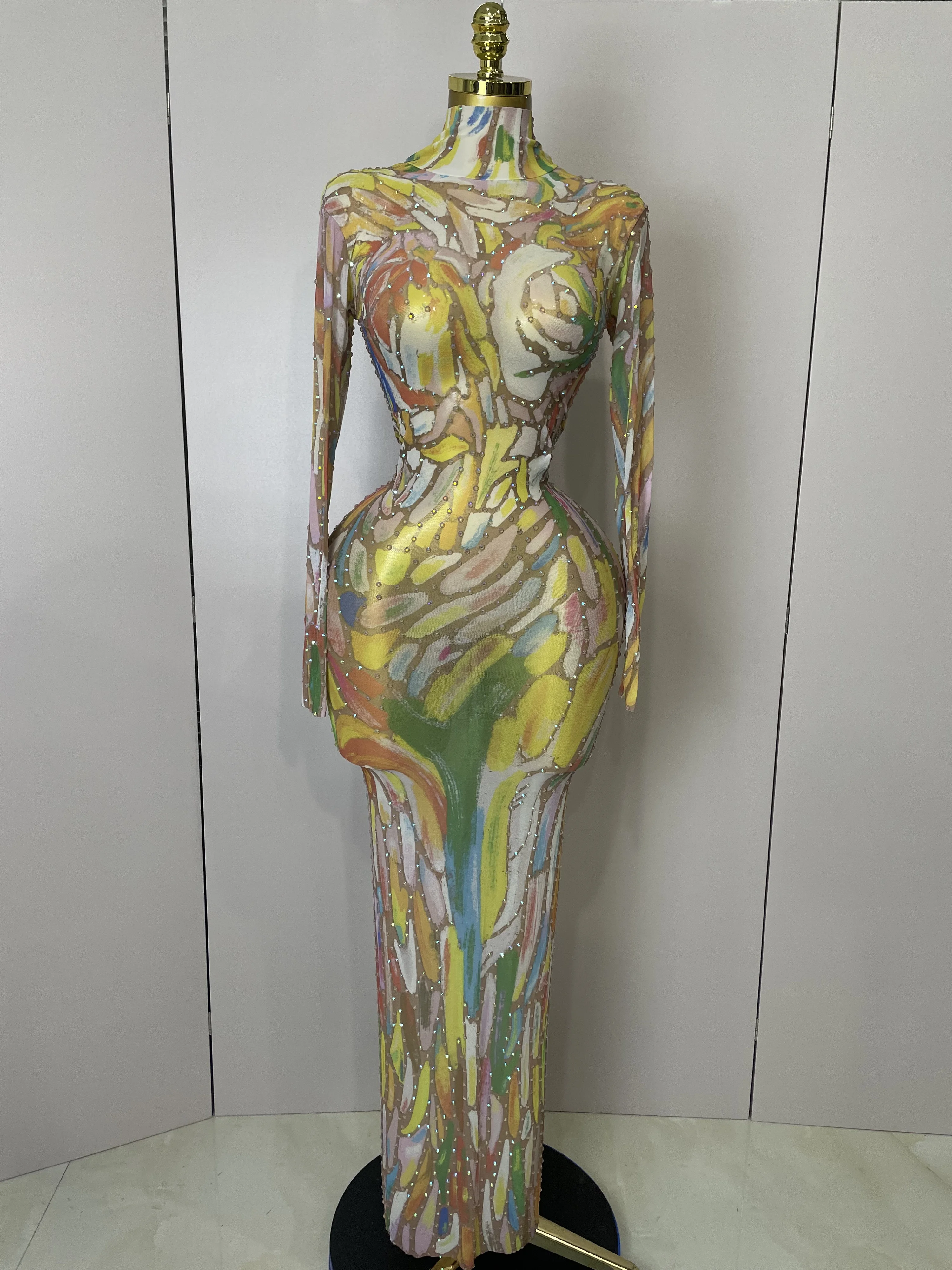 Sparkle Strass High Neck Bunte Gedruckt Lange Kleid 2025 Frauen Sexy Abend Geburtstag Feiern Bühne Leistung Kostüm Image