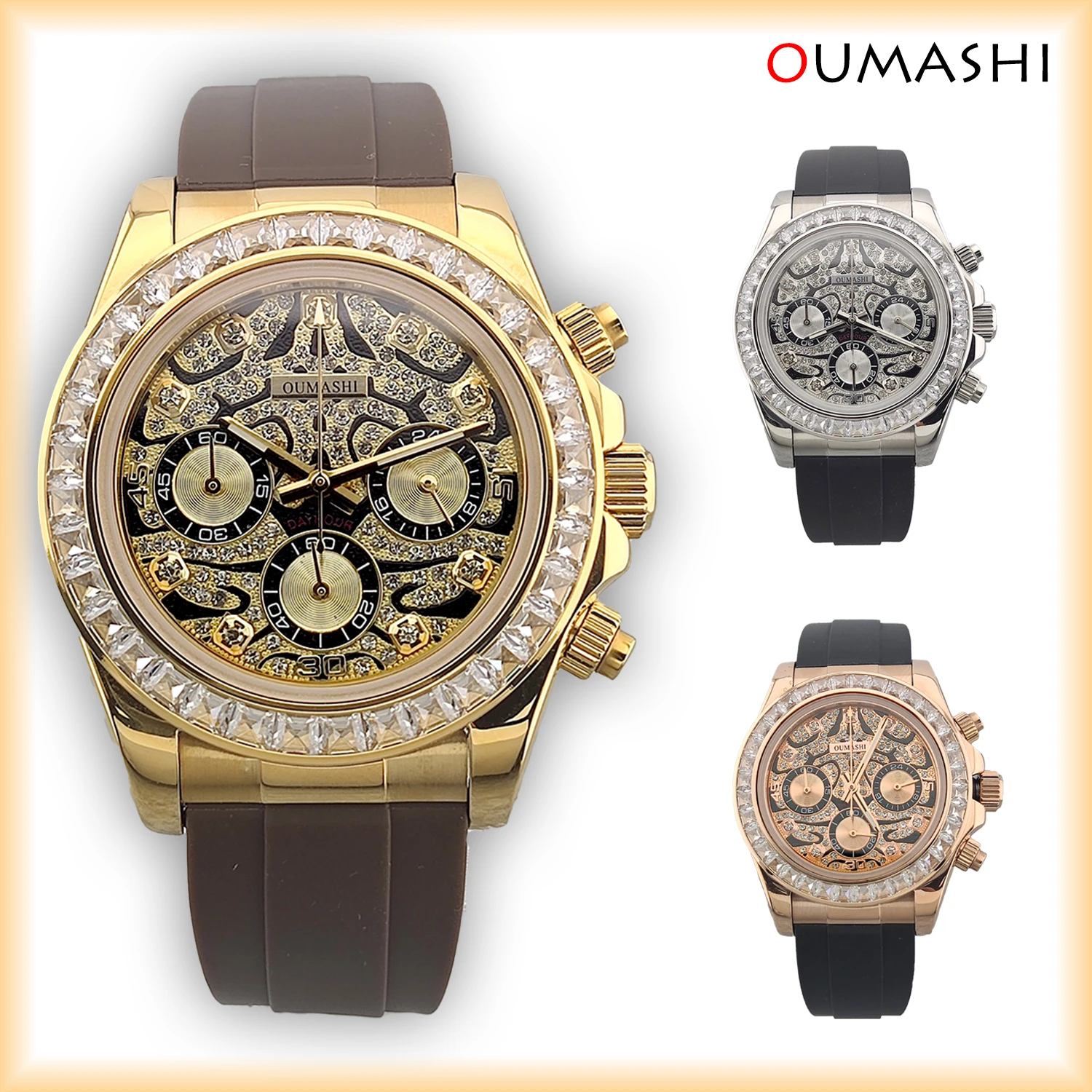 39,5 mm Luxus-Herrenuhren VK63-Uhr Tigergesicht Volldiamant-Zifferblatt Diamant-Lünette Chronograph anpassbare Quarzuhr für Herren Image