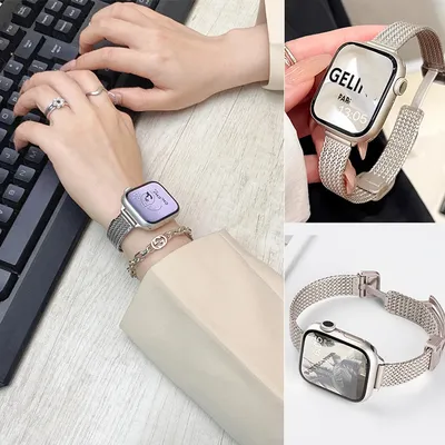 Magnetisches Klappschlaufenband für Apple Watch 10, 46 mm, 9, 8, 7, 41/45 mm, schlankes Damen-Edelstahlarmband für iwatch 6, 5, 4, 40/44/38/42 mm Image