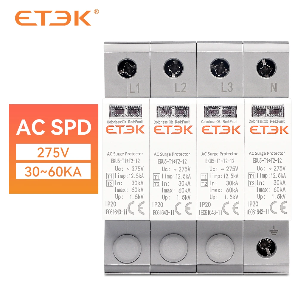 ETEC SPD AC Überspannungsschutzgerät 275V Schutzvorrichtung Ableiter Schutztyp T1+T2 2P 4P 20KA~40KA 1P+N 3P+N EKU5 Image