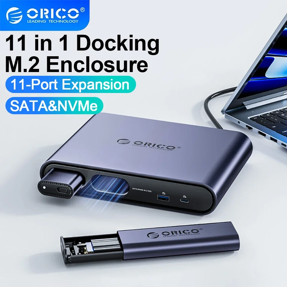 ORICO 11-in-1-USB-C-Dockingstation, USB-HUB-Adapter, M.2 NVMe-SSD-Gehäuse, 10 Gbit/s, 4K60 Hz, HDMI-USB-C-Dockingstation mit dreifachem Display Image
