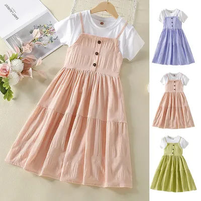 Mädchen Gefälschte Zwei Kurzarm Kleid Kinder Prinzessin Party Tragen Sommer Spitze Trim Casual Image