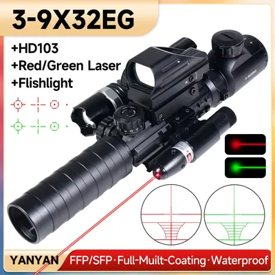 3-9X32EG Tactical RifleScope Red Green Dot Laser Combo Scope Long Range Optic Sight Reflex 4 Reticle Hunting Airsoft Scopes