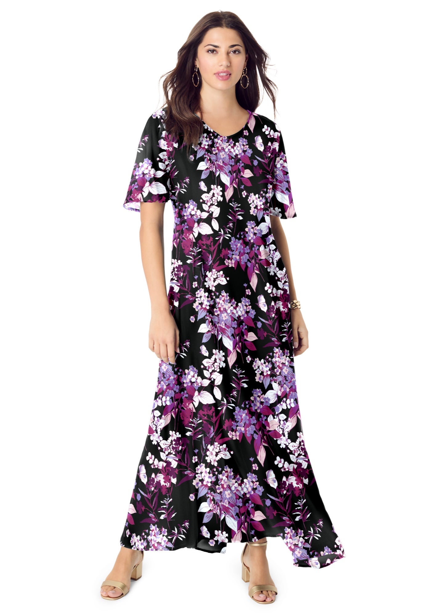 Plus Size Women's Plus Size Hand Crinkled Flutter-Sleeve Maxi Dress by Roaman's in Black Berry Floral (Size 34/36)