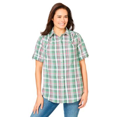 Plus Size Women's Short-Sleeve Button Down Seersucker Shirt by Woman Within in Pine Plaid (Size 3X)