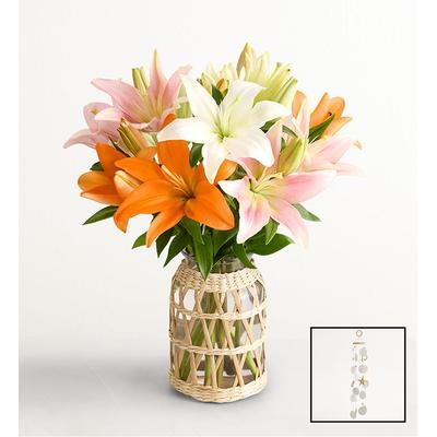 1-800-Flowers Flower Delivery Vibrant Summer Lily Single Bouquet W/ Wicker Vase & Windchime