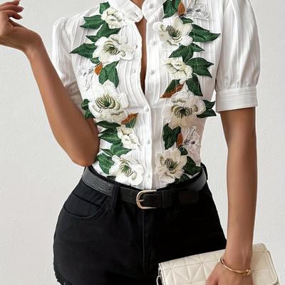 TEMU Women's Elegant Floral Embroidered Short Sleeveless Blouse With Puff Sleeves, Single-breasted Button-up Collar, White Polyester Shirt For Spring/summer, Ladies Blouses Image