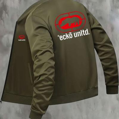 TEMU Kourrter Men's 2024 Retro Baseball Jacket - Black With & Graphic Print, Regular Fit Zip-up Casual Streetwear Coat, Machine Washable Polyester, Coat, Graphic Casual Wear, Sleek Image