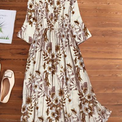 TEMU Summer Vintage Print Round Neck Women's Dress, Loose High Waist Maxi Skirt Elegant Style Literary Size Clothing Image