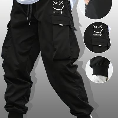 TEMU Men's Casual Cargo Pants With Multi-, Drawstring Waist & Letter Print - Durable Non-stretch Fabric For Spring/fall, Machine Washable Regular Fit, Attire | Nontransparent Material Image