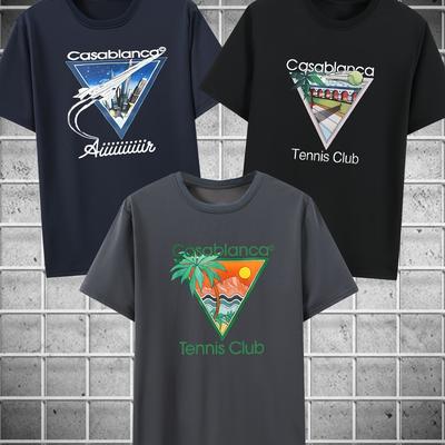 TEMU 3pcs Men's Graphic T-shirts - Casabance Print, 100% Polyester, Round Neck, Short Sleeve, Summer Style, Machine Washable, Designs, Sporty Apparel | Resort Themed Shirts | Nontransparent Fabric Image
