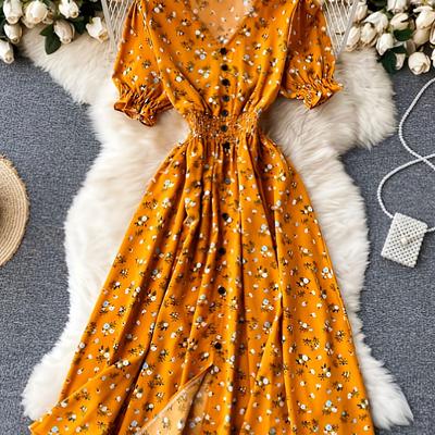 TEMU Elegant Floral Print V-neck Midi Dress With Puff Sleeves And Cinched Waist - Yellow Retro Style, Flowing Skirt, Non-sheer Fabric, All , Cute Dresses Image