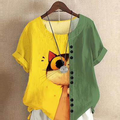 TEMU Women's Casual Cat Print Short Sleeve Shirt - Yellow & Green With Black Cat , Round Neck, Button Front, Lightweight Spring/summer Top, Machine Washable, Summer Clothing, Nontransparent Fabric Image