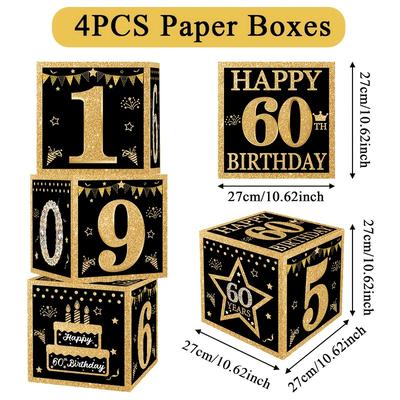 TEMU 4pcs, Happy 60th Birthday Paper Boxes Party Packs Set, Black And Golden Birthday Paper Boxes, Ideal For 60th Birthday Decoration Supplies Image