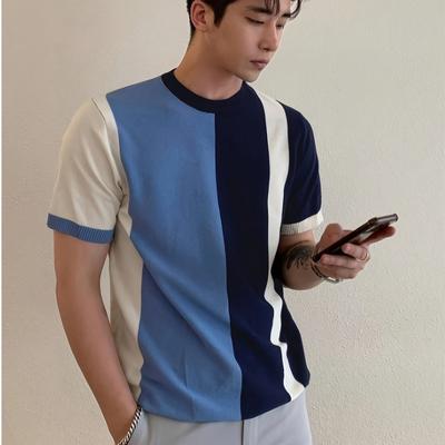 TEMU Men's Casual Striped Knit Short Sleeve Shirt - Color-, Breathable Round Neck, Regular Fit For Spring/fall & Beach , Beach T Shirt, Apparel, Nontransparent Material Image